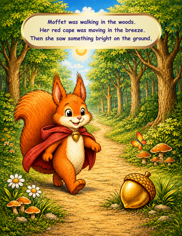 Moffet and the golden acorn, adventure story, book content, ages 4-7