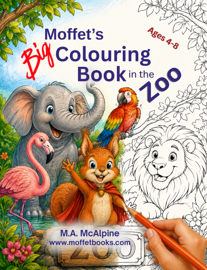 Moffet in the zoo, big colouring book series, book cover, ages 4-8