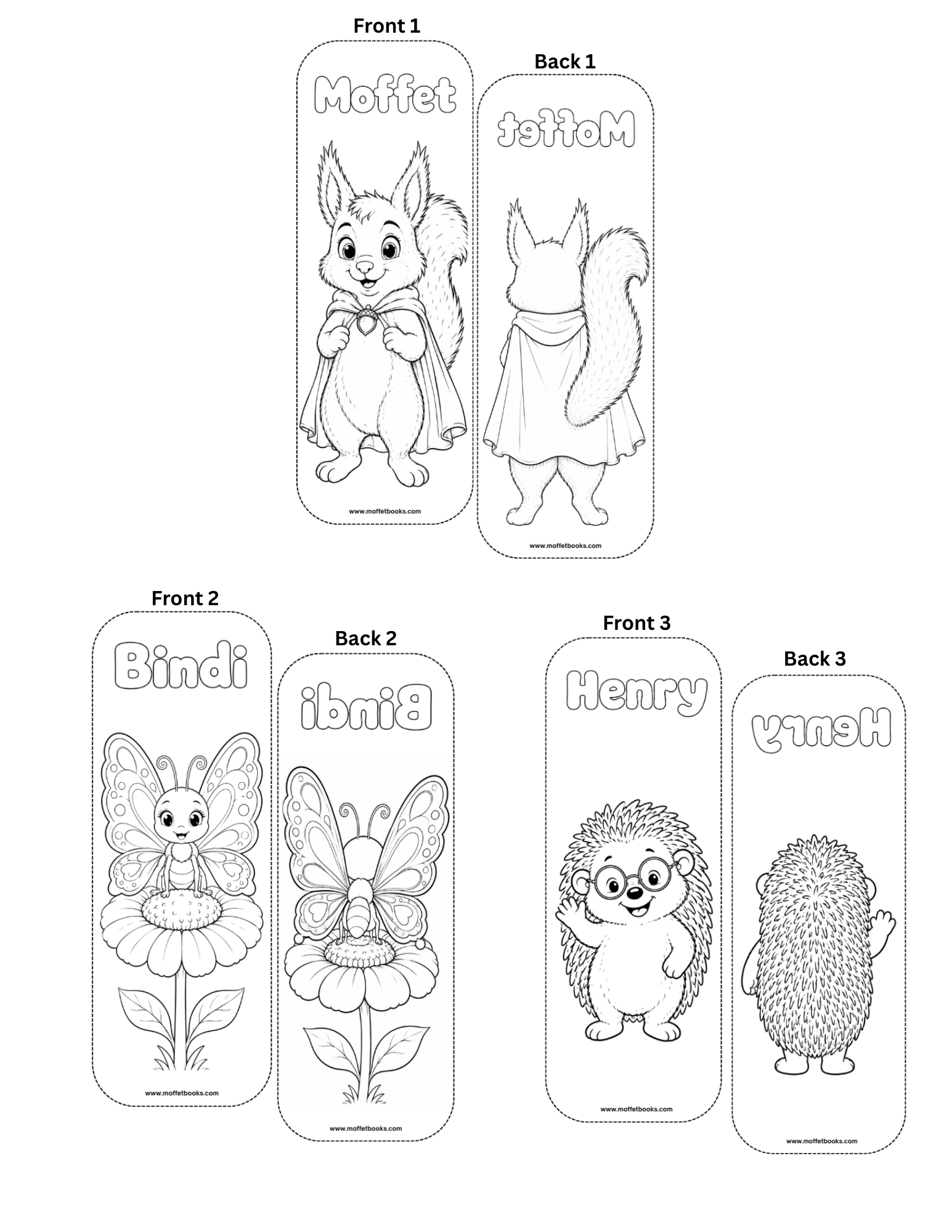 moffet home printables - ages 4-8 - Freebie 1 - Colouring bookmarks - front and back